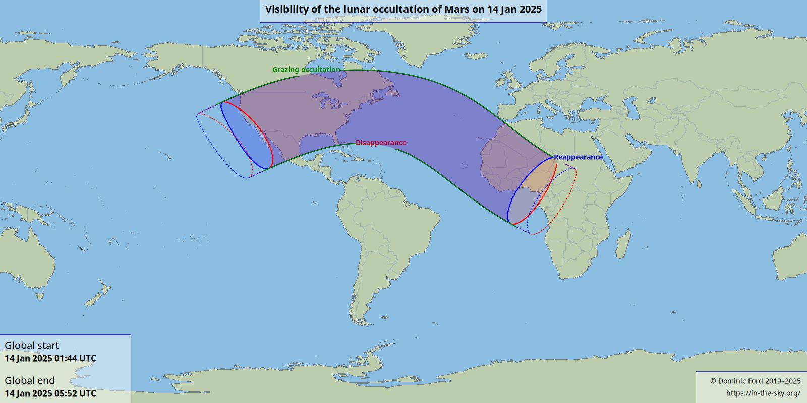 Visibilité de l\'occultation de Mars par la Lune dans la nuit du 13 au 14 janvier 2025