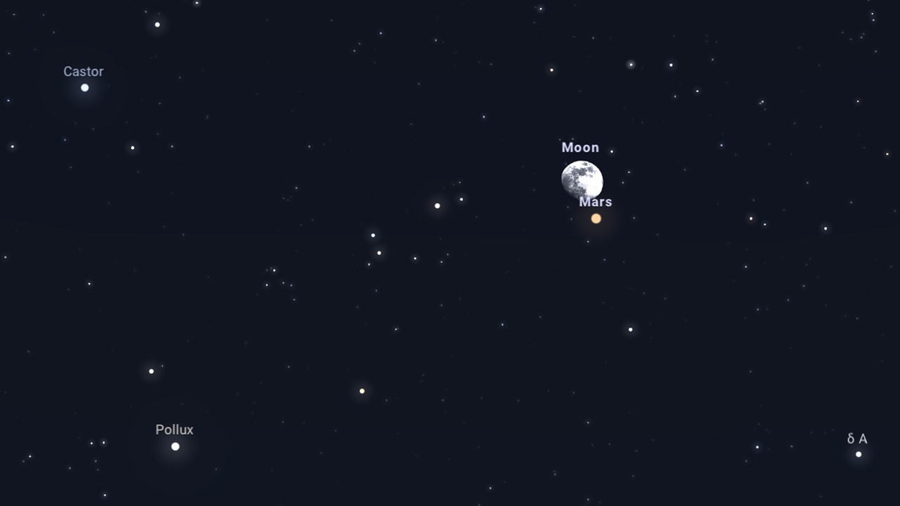 Mars toute proche du limbe sud-est de la Lune au soir du 9 février, avec les jumeaux Castor et Pollux non loin