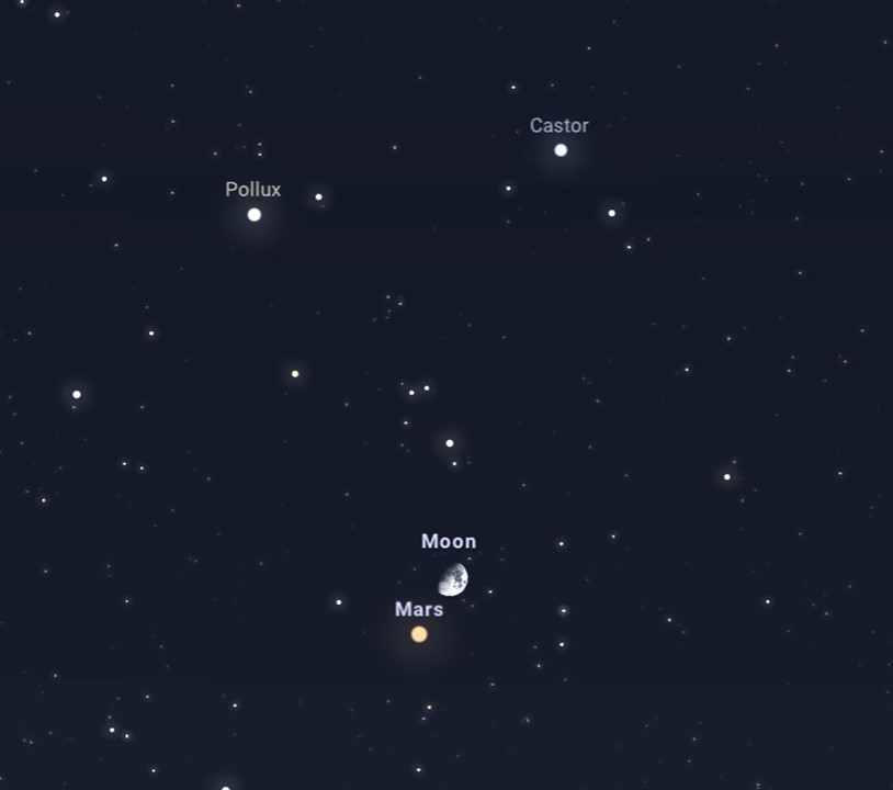 Vers 3 heures du matin, Pollux, Castor la Lune et Mars sembleront dessiner un visage amical juste au-dessus de l\'horizon ouest.