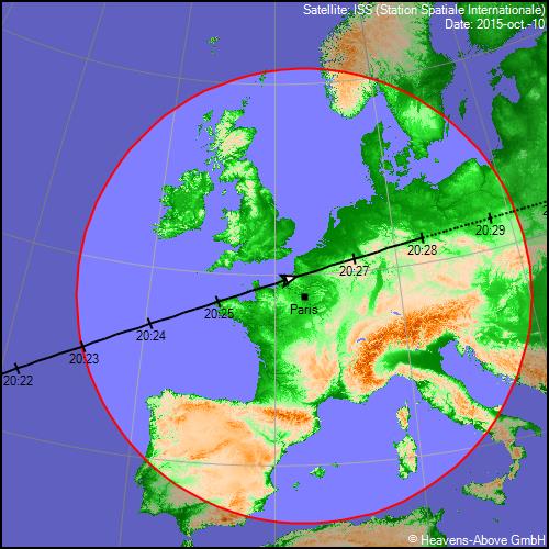 Trace au sol du passage de la Station spatiale internationale le samedi 10 octobre entre 20h23 et 20h28. Les observateurs au Nord du pays seront aux premières loges.