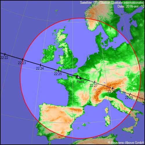 Trace au sol du passage de l\'ISS du 10 avril 2016. La station sera visible depuis tout point situé à l\'intérieur du cercle rouge. Trace au sol du passage de l\'ISS du 10 avril 2016. La station sera visible depuis tout point situé à l\'intérieur du cercle rouge.