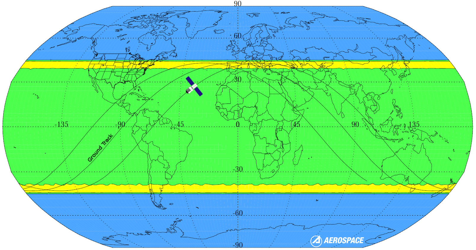 Planisphère des zones de chute potentielle de Tiangong-1. En bleu : aucun risque ; en vert : faible probabilité ; en jaune : forte probabilité