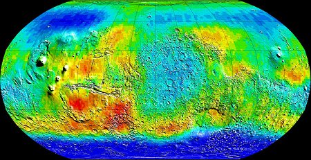 Sur cette carte de Mars en fausses couleurs, les sols riches en hydrogène apparaissent en bleu. Source : spectromètre neutron de Mars Odyssey.