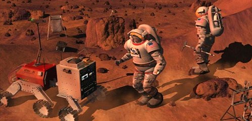 Une vue d’artiste de ce que pourrait être la collaboration entre humains et robots sur Mars.