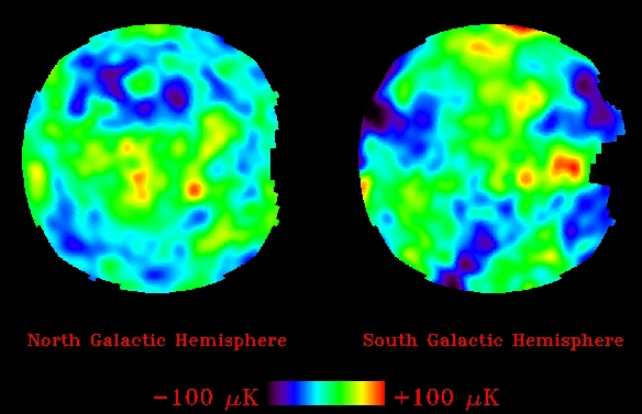 Les variations de la température cosmique (de l\'ordre de quelques dizaines de micro-Kelvin) mesurées ici par le satellite COBE permettent de déduire les fluctuations de densité de l\'univers primordial.