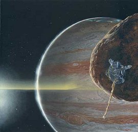 Vue d’artiste représentant Galileo croisant dans les parages d’Amalthée et s’apprêtant à traverser les minces anneaux de Jupiter.