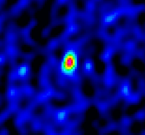Image radio de J1148+5251, une des plus lointains quasars connus à ce jour. Il s\'agirait du coeur d\'une galaxie tel qu\'il se présenterait seulement 870 millions d\'années après le Big Bang, soit  il y a 12,8 milliards d\'années.