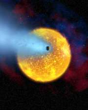 Vue d\'artiste de la planète HD 209 458 b, Jupiter chaud perdant son atmosphère au rythme  de 10 000 tonnes par seconde du fait de la très grande proximité de son étoile
