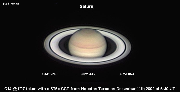 Saturne vue depuis Houston, Texas, par Ed Grafton le 11 décembre 2002, à l’aide d’une caméra CCD au foyer d’un télescope de 35 centimètres de diamètre.