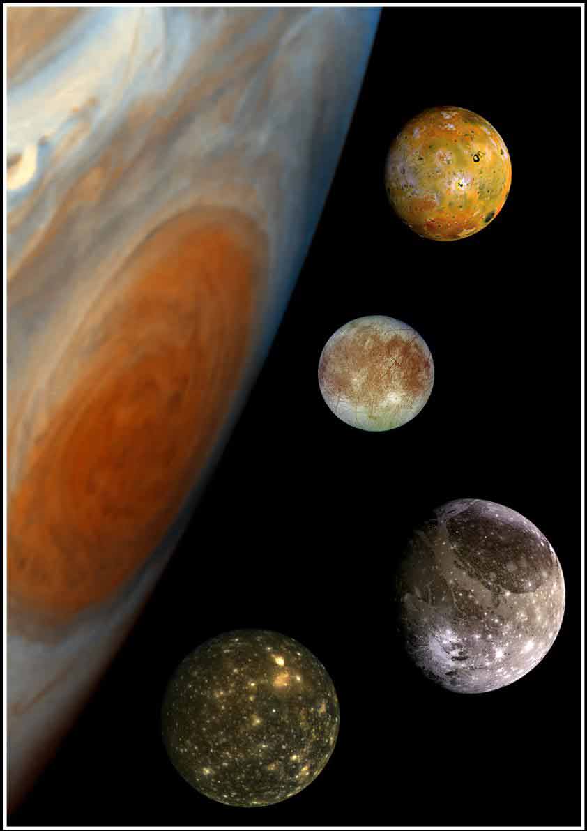Portrait de famille des satellites Galiléens rassemblés autour de la planète géante : de haut en bas, Io, Europe, Ganymède, Callisto