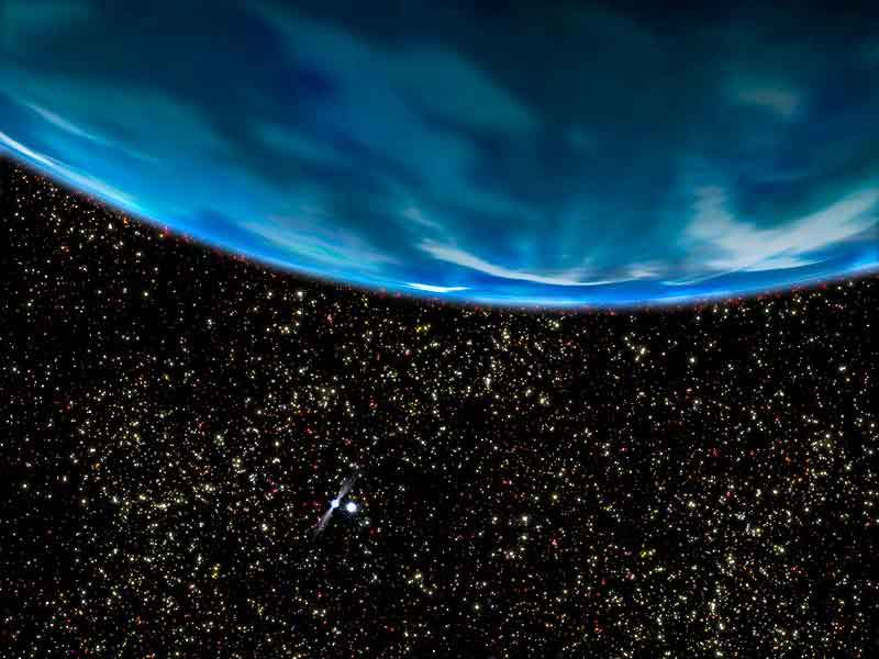 Vue d’artiste de ce à quoi pourrait ressembler le système de l’amas globulaire M4. Au loin, un pulsar et une naine blanche autour desquels gravite la planète géante. Tenant compte du fait qu’elle se trouve dans un amas globulaire, l\'environnement de cette planète doit être particulièrement étoilé.