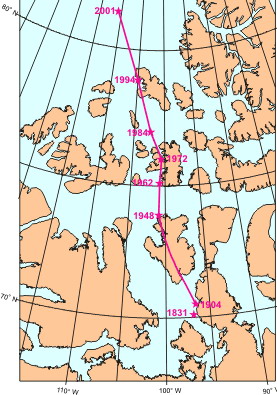 Le trajet suivi par le pôle nord magnétique entre 1831 et 2001