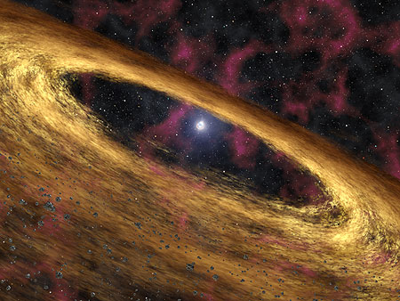 Vue d\'artiste du disque protoplanétaire autour du pulsar 4U 0142+61. Cliquez sur le lien du crédit pou -r télécharger une animation