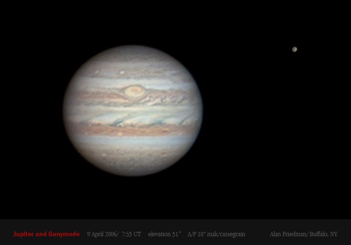 Jupiter et, en haut à droite, Ganymède photographiés par l\'astronome amateur Alan Friedman de Buffalo, NY, au foyer d\'un télescope de 254 mm de diamètre.