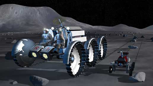 Vue d\'artiste de deux astronautes partant pour une mission de prospection à bord d\'une jeep lunaire et accompagnés d\'un acolyte robotisé