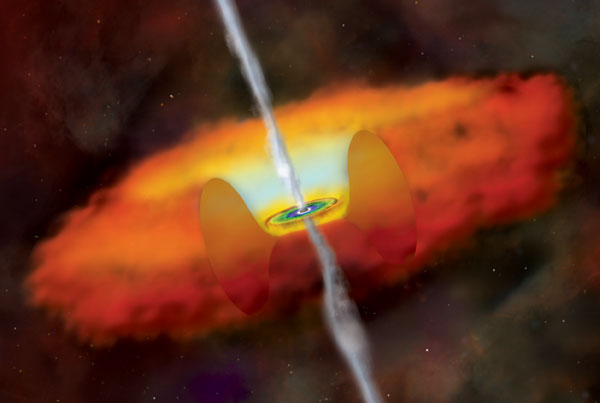 Vue d\'artiste d\'un trou noir supermassif engloutissant la matière environnante