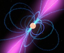 Vue d\'artiste du pulsar gamma nouvellement découvert. Des nuages de particules chargées se déplacent le long des lignes de champ magnétique du pulsar (en bleu) et engendrent un faisceau de rayons gamma (en violet) semblable au pinceau de lumière d\'un phare