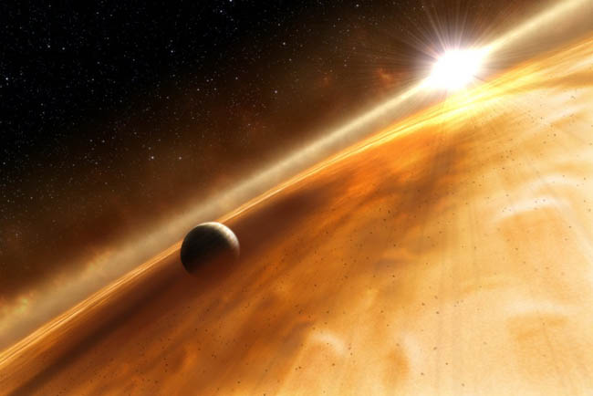 Vue d\'artiste de l\'étoile Fomalhaut observée depuis les parages de sa planète récemment découverte, Fomalhaut b.  Fomalhaut b boucle une orbite autour de son étoile vieille de quelque 200 millions d\'années en 872 ans