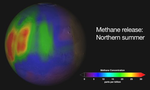 Carte de concentration en méthane dans l’atmosphère martienne durant l’été boréal. Les concentrations peuvent parfois être très importantes au-dessus de certaines régions