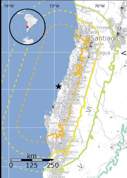 Carte du tremblement de Terre au Chili de février 2010 établie par l\'USGS