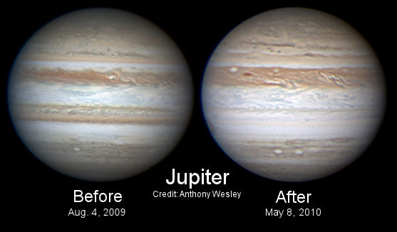 Sur ces images de Jupiter prises par l\'astrophotographe australien Anthony Wesley, on voit la SEB en août 2009 mais plus en 2010