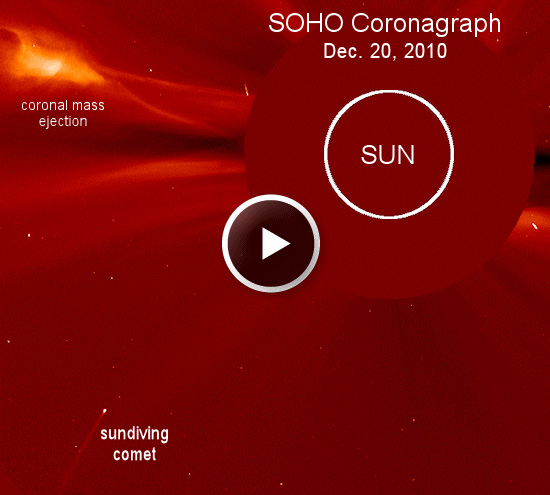 Une de ces comètes de décembre prise sur le fait par SOHO et repérée initialement par le chasseur de comètes polonais Michal Kusiak le 20 décembre 2010. Cliquez sur le lien du crédit pour voir une animation du plongeon de la mort de cette comète