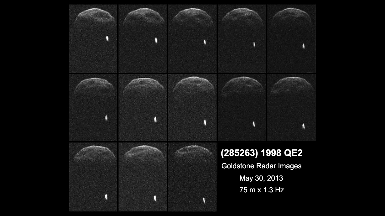 Premières images radar de l\'astéroïde 1998 QE2 obtenues alors qu\'il se trouvait à 6 millions de km de la Terre. La séquence couvre deux heures d\'observation.