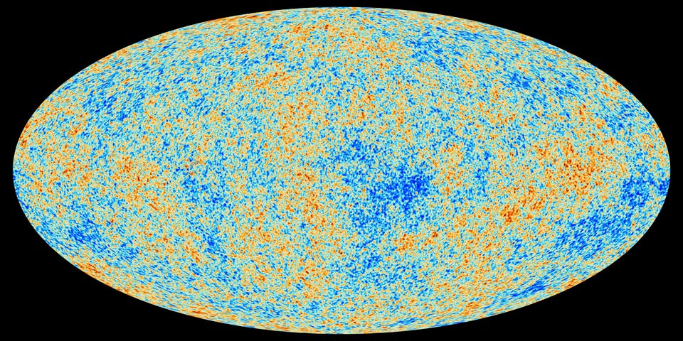 Le rayonnement cosmologique de fond vu par le satellite européen Planck. Si cette image est impressionnante, elle n\'est en fait pas plus compliquée que le robinet de votre lavabo : plus c\'est rouge, plus c\'est chaud, et plus c\'est bleu, plus c\'est froid