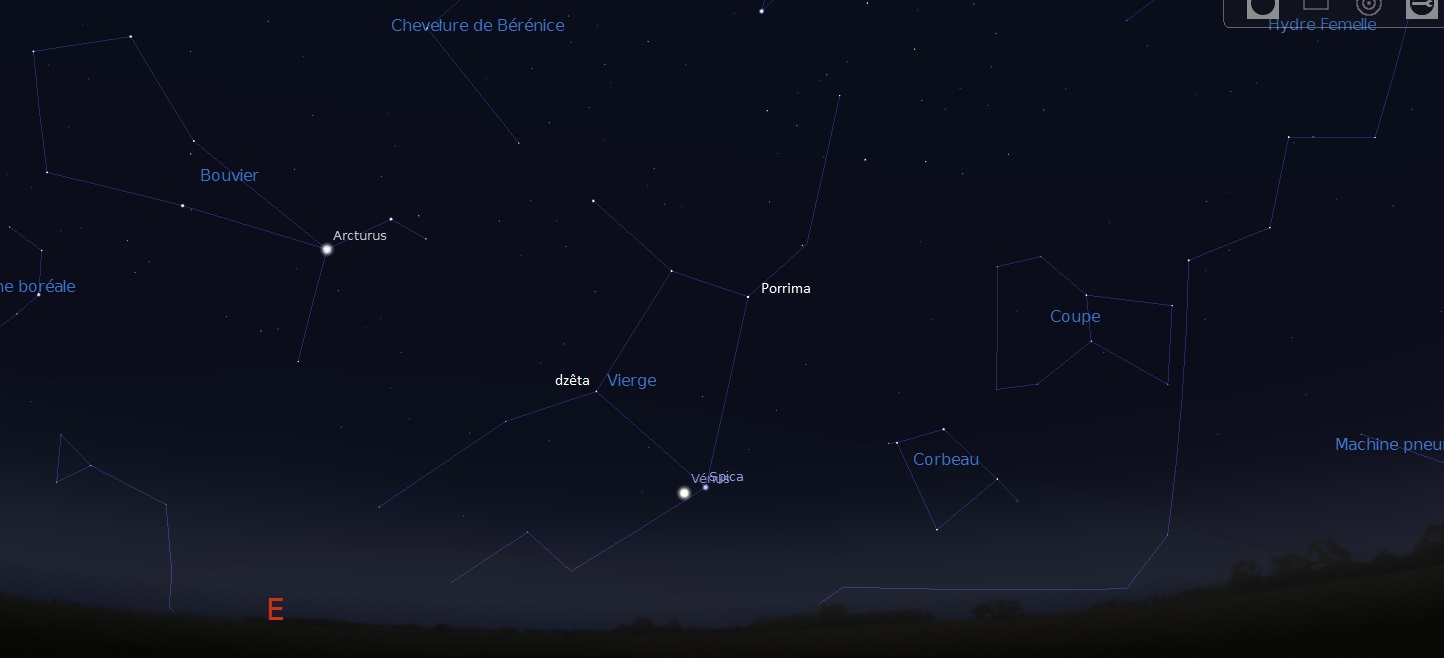 Aspect du ciel vers 6h30 du matin. Les étoiles Porrima et dzêta de la Vierge sont indiquées