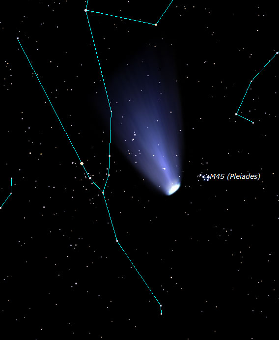 Simulation de la rencontre entre 46P/Wirtanen et l\'amas des Pléiades le 15 décembre 2018. La luminosité de la comète est sans doute exagérée