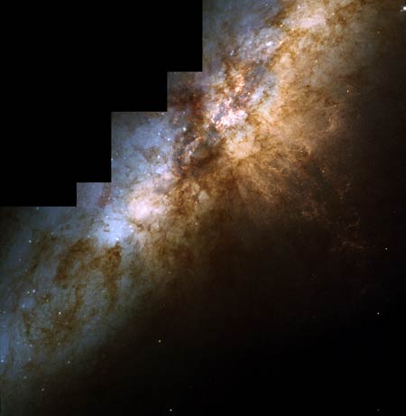 M 82 vue par Hubble après l’accident. Un peu déformée, mais en pleine forme !