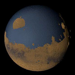 Simulation de ce à quoi Mars pourrait ressembler aujourd\'hui si son eau primordiale était restée à l\'état liquide. Une deuxième planète bleue.