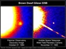 Au coté d’une brillante étoile, la première naine brune jamais observée, Gliese 229 b. À gauche vue depuis la Terre, à droite vue par le télescope spatial Hubble.