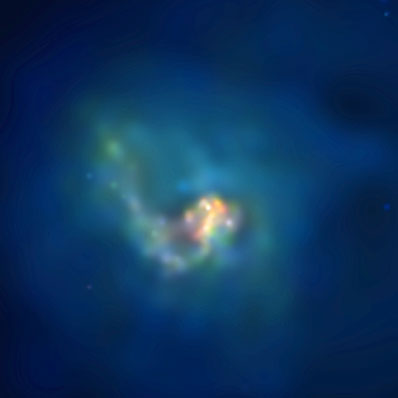 L\'amas de galaxies du Centaure vu par Chandra. L\'image a été retouchée informatiquement pour nous permettre de saisir les différentes gammes de température en présence. Attention, contrairement à ce qui se passe sur le robinet de votre lavabo, le rouge indique le froid, et le bleu le chaud...