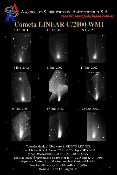 Sur ce montage, on constate clairement le changement d\'aspect de la comète LINEAR WM1 du 1er décembre 2001 au 22 janvier 2002. C\'est le 27 janvier qu\'elle nous fit la surprise d\'augmenter brutalement d\'intensité. Elle est actuellement visible à l\'œil nu. Mais pour combien de temps encore ?