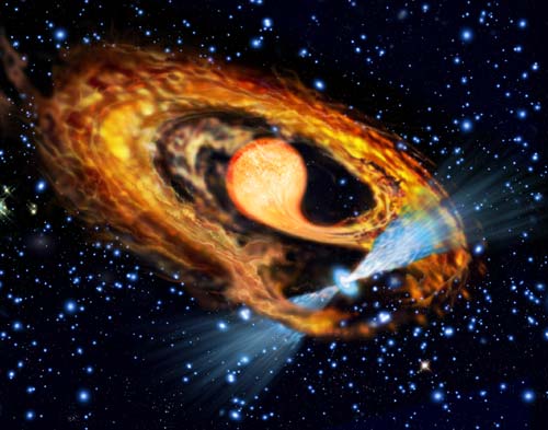 Jusqu\'à présent, tous les pulsars millisecondes étaient accompagnés d\'une naine blanche. Ce n\'est pas le cas de PSR J1740-5340 (qui a une période de rotation de 3,65 ms) autour duquel tourne une étoile rouge de diamètre plus grand qu\'à l\'accoutumée. Il s\'agirait d\'un stade intermédiaire dans l\'évolution d\'une géante rouge en naine blanche. Actuellement, une grande quantité de gaz entoure le système stellaire. Il provient de l\'étoile rouge et sera éjecté par le pulsar (incapable d\'absorber ce gaz à cause de sa récente vitesse de rotation).
