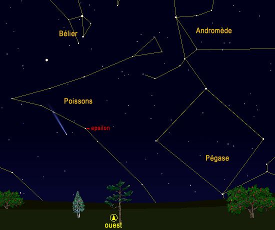 Le 5 mars 2002, une heure après le coucher du Soleil, la comète Ikeya-Zhang sera bien visible aux jumelles dans la constellation des Poissons. Pour cela, mettez-vous face à l’ouest et visez à 4 degrés à gauche de l’étoile Epsilon Piscium. La comète apparaîtra alors sous la forme d’une étoile floue ou d’un petit amas globulaire bien dense. Si le ciel est de bonne qualité, vous pouvez même apercevoir une queue d’un degré de long. Sa magnitude sera proche de 5,5. Tentez donc de la repérer à l’œil nu !