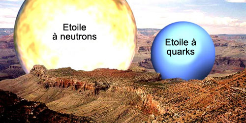 Ce schéma compare la taille d\'une étoile à neutrons et d\'une étoile à quarks par rapport au Grand Canyon en Arizona. Plus petite et dense, l\'étoile à quarks serait constituée de quarks. Mais bien des mystères subsistent au sujet de ces astres encore hypothétiques.