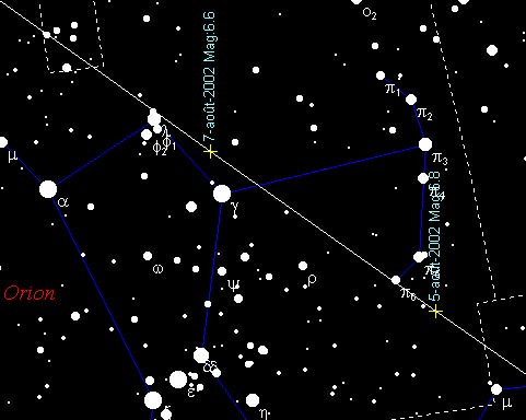 La comète 2002 O6 Suzuki est une comète relativement brillante qu’il faut tenter rapidement, peu avant le crépuscule. Ce soir, elle est de magnitude 6,8, à l’est de la Ceinture d’Orion.