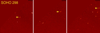 Sur cet exemple tiré du site de S. Hoenig, la comète SOHO 298 n’est qu’une faible et courte traînée qu’il est difficile de repérer sur le GIF animé auquel vous pourrez accéder en cliquant sur le lien du crédit. Et encore, il ne s’agit que d’une petite partie du champ du LASCO C3. Pourtant, Hoenig considère cette comète comme « moyennement » difficile à repérer. C’est dire si les chercheurs de comètes SOHO sont performants dans leur quête ! Saurez-vous les égaler et être le 27ème découvreur amateur de comètes SOHO ?