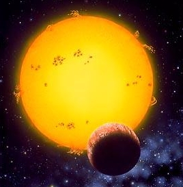 Vue d\'artiste représentant une exoplanète transitant partiellement devant son étoile