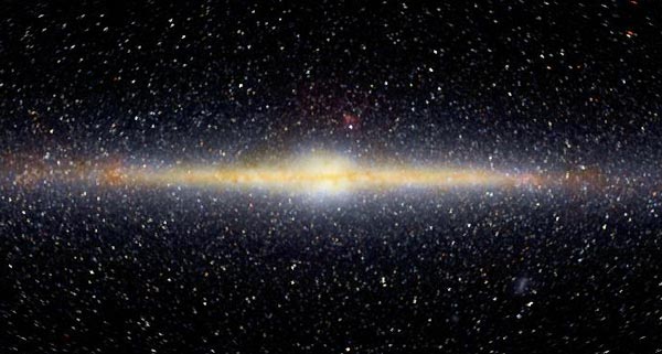 La Voie Lactée vue en infrarouge par le satellite COBE. Les étoiles apparaissent en blanc, les poussières interstellaires en rouge. 