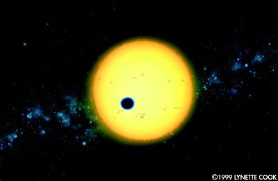 L\'exoplanète HD 209 458 b en transit devant son soleil. Grâce à cette mini-éclipse, les astronomes ont pu analyser la composition de l\'atmosphère de cette exoplanète.