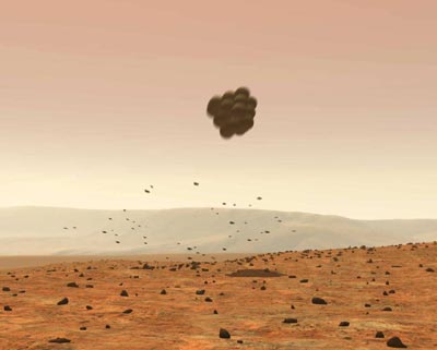 Opportunity protégé par ses airbags lors du premier contact avec le sol martien