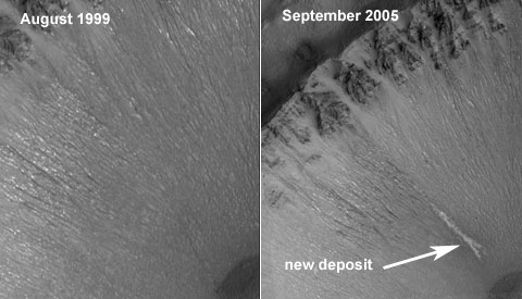 Trace d\'écoulement apparue entre août 1999 et septembre 2005 le long d\'une pente des Centauri Montes, sur Mars