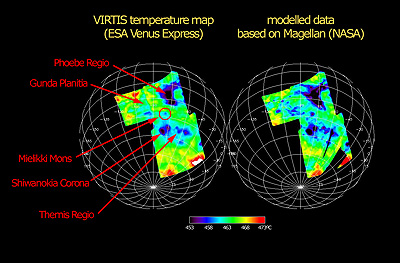 Carte des températures nocturnes de Vénus obtenue par l\'instrument VIRTIS. 