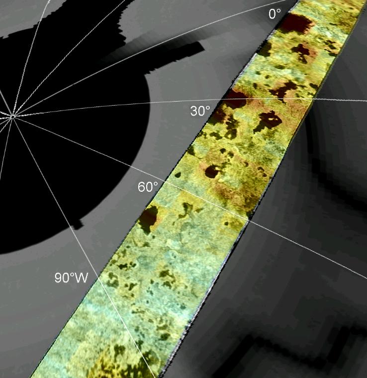 Vue du pôle nord de Titan avec la trace radar contenant les lacs