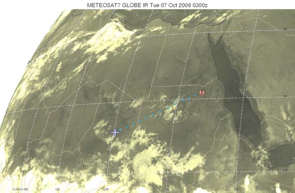 Carte infrarouge prise par le satellite Meteosat 7 sur laquelle ont été matérialisées les positions respectives de l\'impact de l\'astéroïde dans l\'atmosphère (O) et du vol KLM qui l\'aurait observé (x)