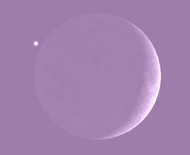 Simulation de ce qui sera visible ce soir aux jumelles au moment ou Vénus s\'apprêtera à glisser sous la partie non éclairée du globe lunaire