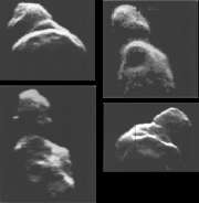 L\'astéroïde Toutatis, beaucoup plus gros que 2009 DD 45, observé au radar sous différents angles en 1992. Il est passé à 1,6 millions de km de la Terre en 2004